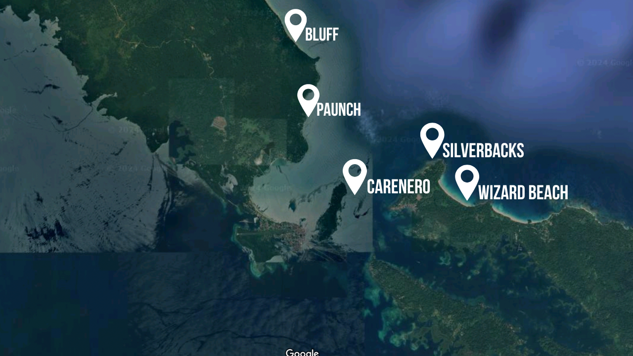 Map of surf spots in Bocas del Toro